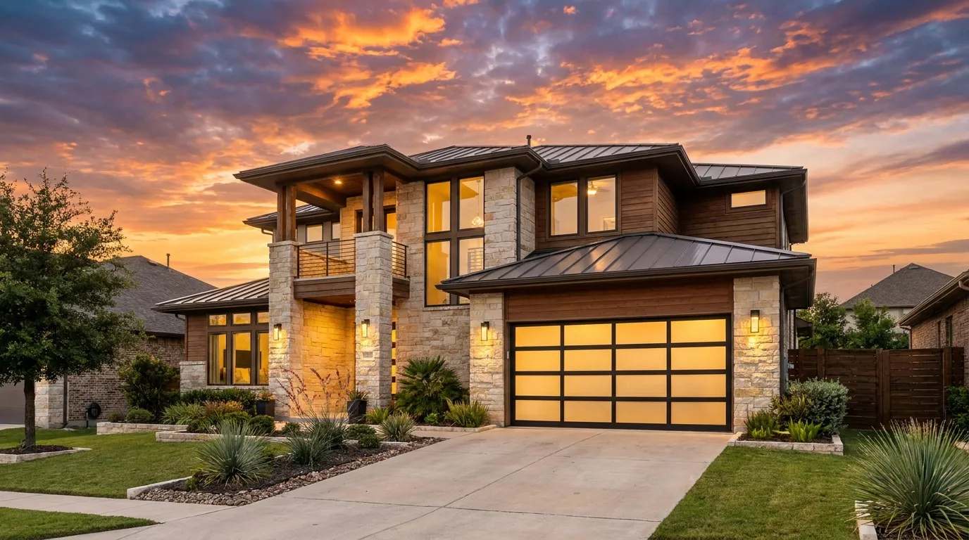 Modern Dallas–Fort Worth home with a new garage door at golden hour